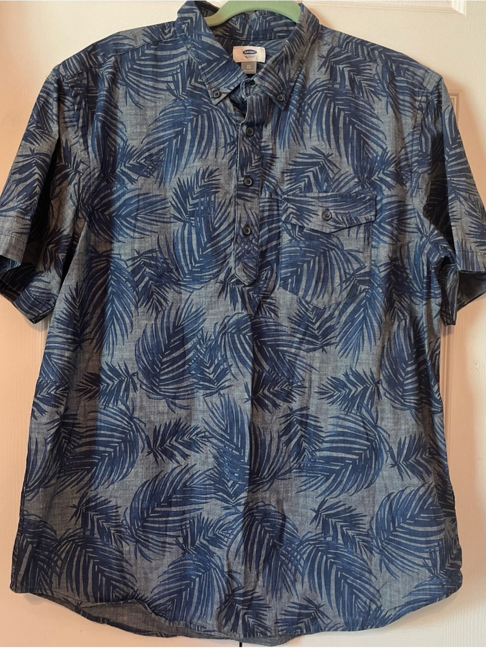 Old Navy Cotton Tropical Palm Tree Chambray Short Sleeve Mens XL Blue Shirt